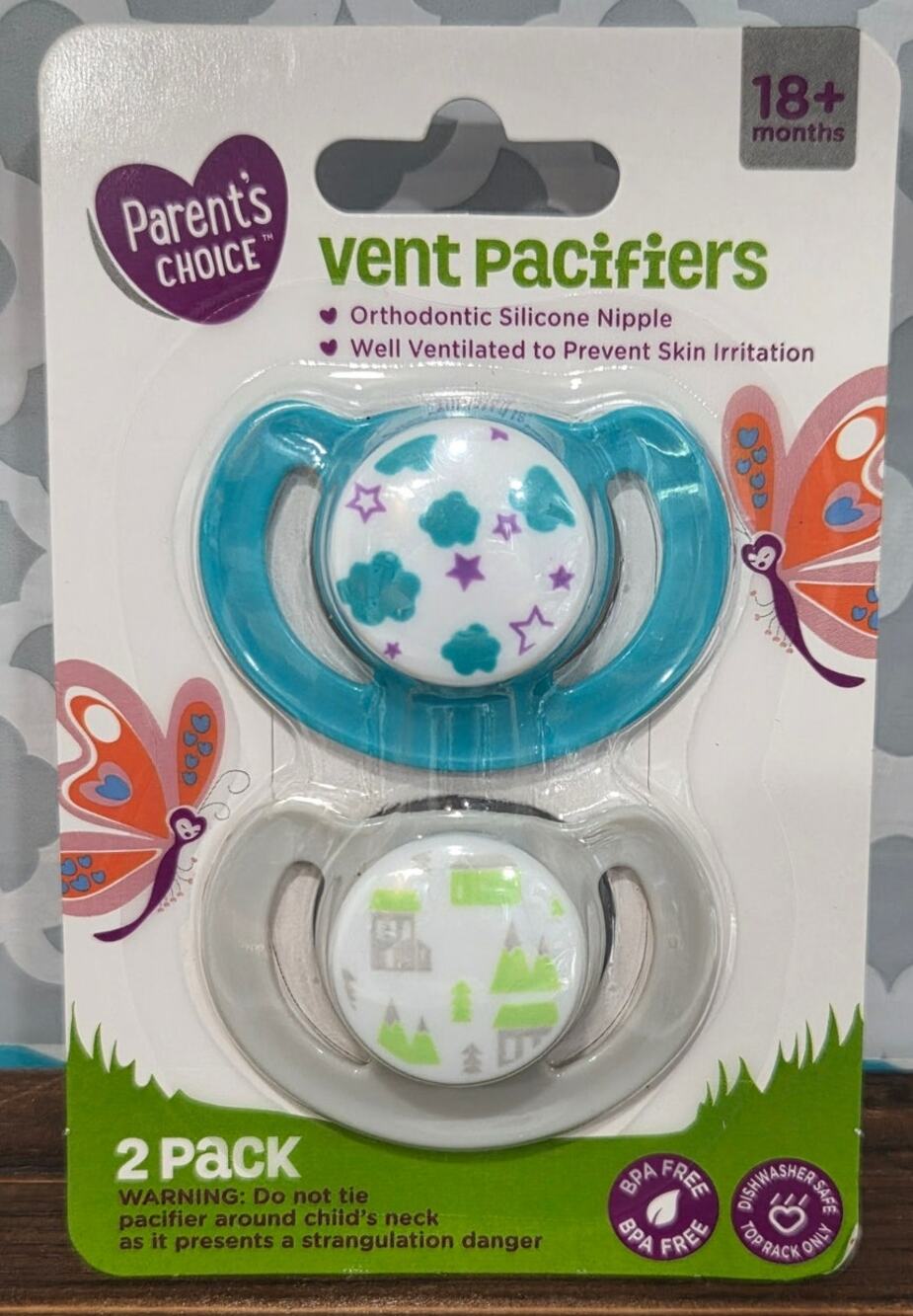 Parent's Choice Vent Pacifiers 2 Pack 18+M Orthodontic BPA Free New Discontinued